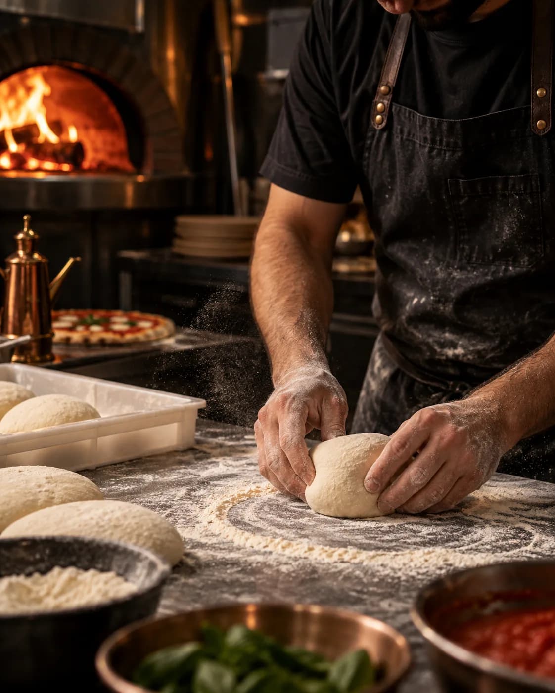 Pizzaiolo Presto travaillant une pâte fraîche devant le four à bois